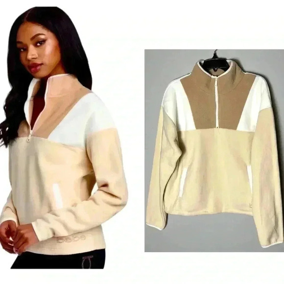 Bebe 1/4 Zip Women Size Large Fleece Sport Jacket Logo Cream Tan Colorblock - Picture 1 of 13